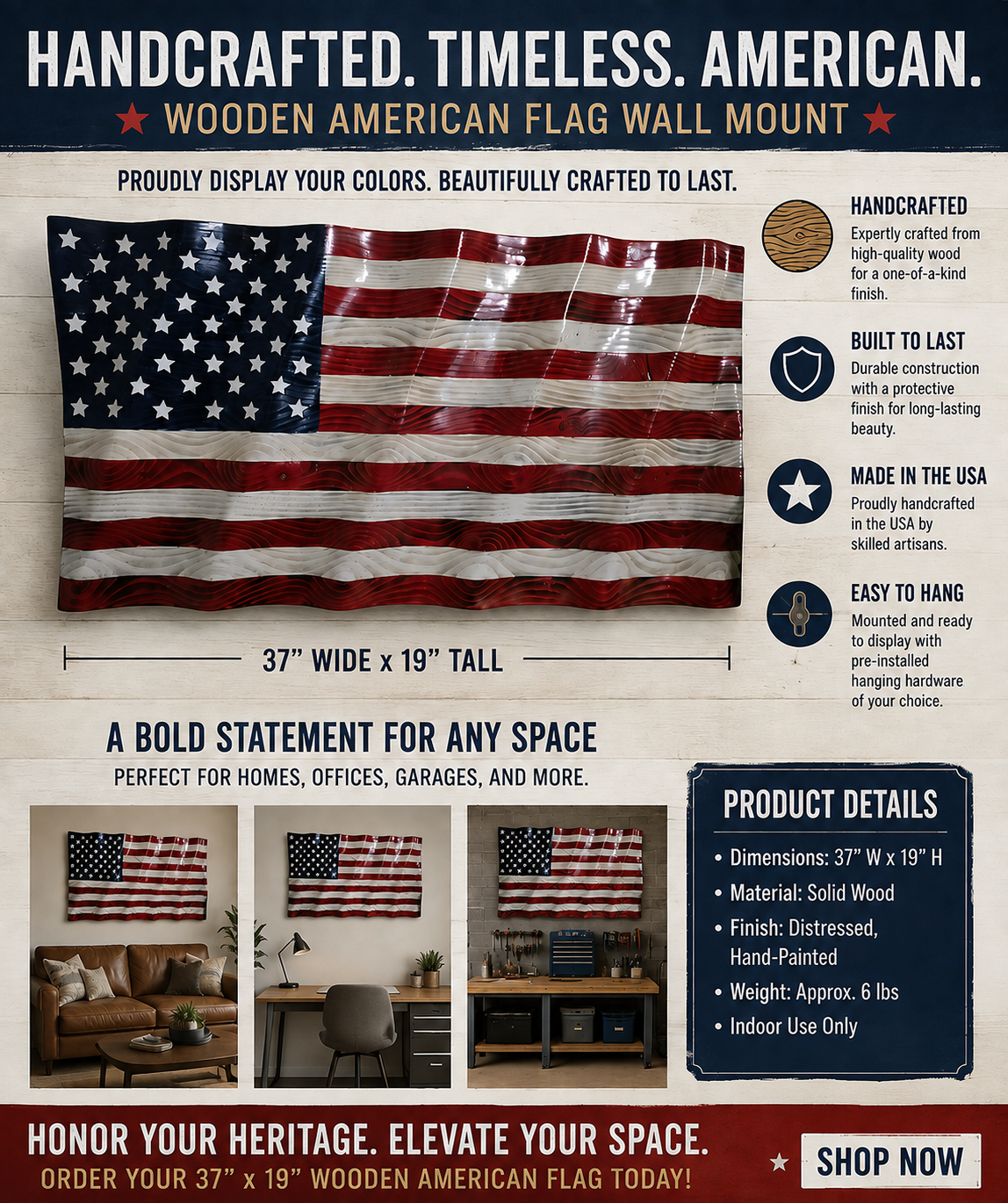 Handcrafted Wall Mounted Wooden American Flag